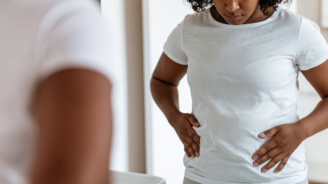 A woman examines her body in a mirror while holding her abdomen. Her reflection shows a lowered gaze, with hands on her midsection. Eating disorder awareness and body image concern.