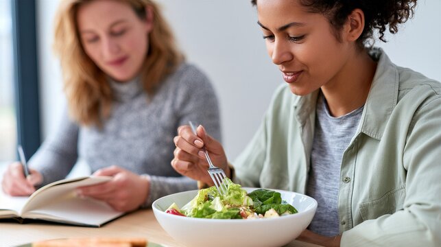 A woman eats salad while another woman writes nearby at the table. The diner holds a fork beside leafy greens. Eating disorder recovery involves mindful eating and food journaling.