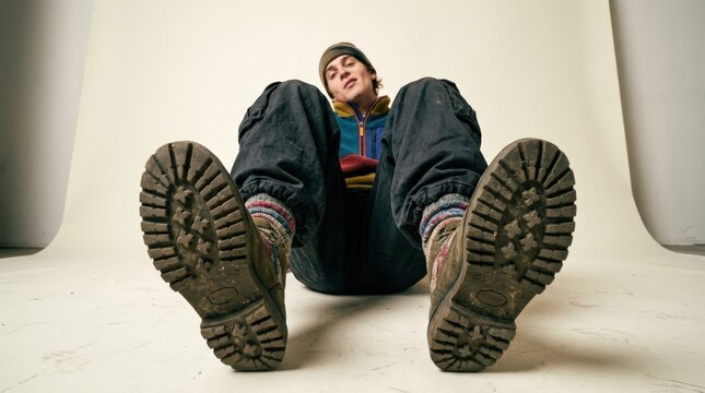 Person seated with knees raised toward the camera, soles of rugged shoes dominating the foreground, playful low-angle fashion photography, pale studio background, exaggerated perspective and
