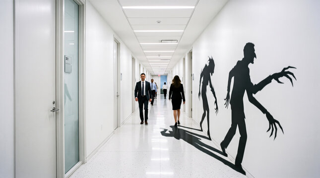 Business people in suits walking along bright corporate corridor casting creepy monster shadows with long sharp claws on white hallway wall