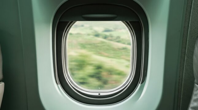 Rounded aircraft window framing a blurred rolling green landscape, travel lifestyle photography from inside the cabin, cool mint and dark gray frame, soft daylight, gentle motion blur, minimalist