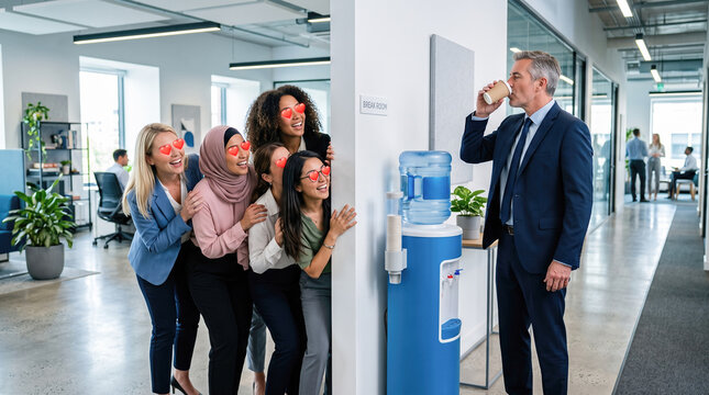 Group of female corporate employees peeking around corner showing heart eyes toward handsome male executive drinking water near office cooler