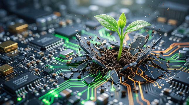 Tiny green plant sprout breaking through cracked electronic printed circuit board motherboard representing technology nature harmony and sustainable growth concept in studio