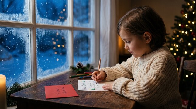Child writing a letter to Santa by a snowy window during Christmas  