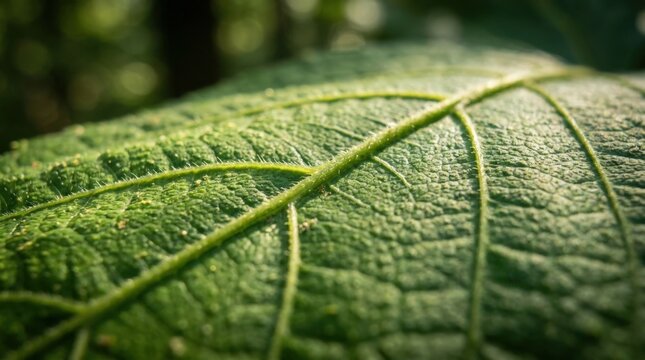 Fresh green leaf photographed in extreme macro from a low diagonal angle, sharply defined central ridge and fine raised branching veins covered with subtle microscopic fuzz, saturated emerald, vibrant