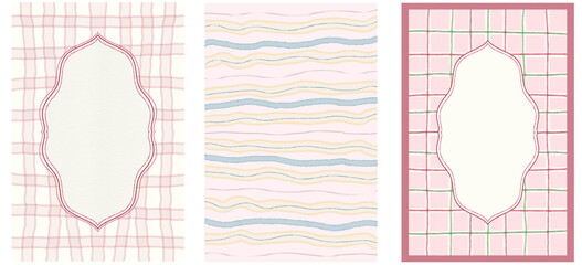 illustration collection of three vertical card templates featuring delicate hand-drawn patterns in soft pastel pink, cream, light green, and blue tones. Ideal for invitations, baby shower greetings © Rizka
