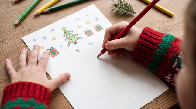 Child drawing a Christmas tree with colored pencils on a wooden table  