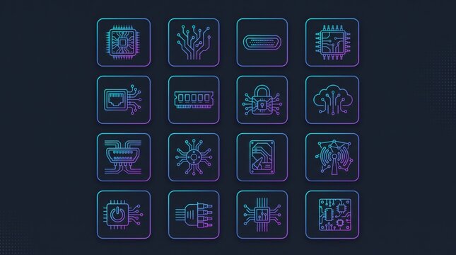 Set of neon computer hardware and electronic chip icons