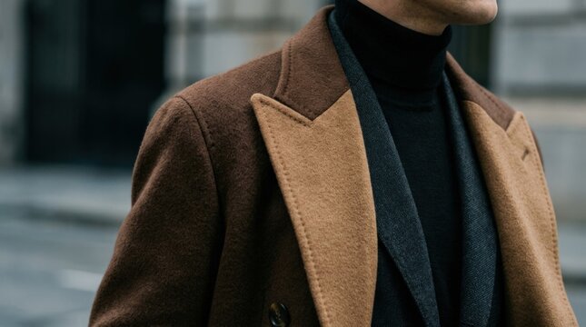 Close-up crop of a tailored brown coat layered over dark clothing, premium fashion editorial photography, rich camel and chocolate textiles, visible lapels and fabric folds, subdued cool background,