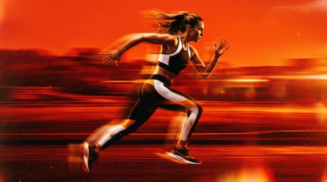 Female runner rendered with strong motion blur against a saturated orange-red background, dynamic sports photography, black, white and amber palette, energetic stride, cinematic streaking and modern