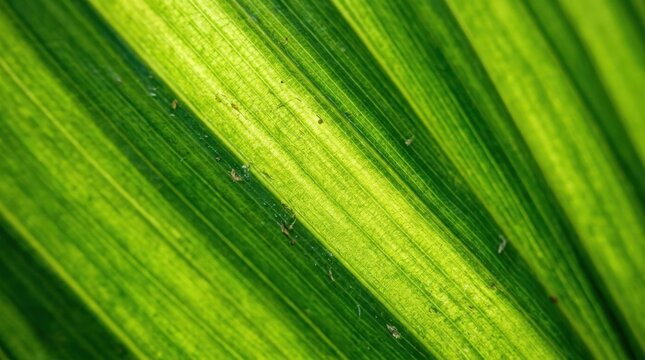 Macro close-up of a fresh tropical green leaf with dramatic parallel veins forming sweeping diagonal curves, abstract botanical texture photography, luminous lime-green surface with dark emerald green