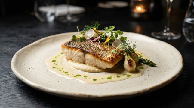 Fine-dining plate with a carefully seared fish fillet, delicate sauce and green garnish, upscale restaurant food photography, cream ceramic plate against a dark softly blurred setting, controlled