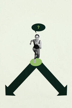 Pop art zine photo sketch collage of inexperienced businessman businesswoman stand arrow decline bubble question mark crisis