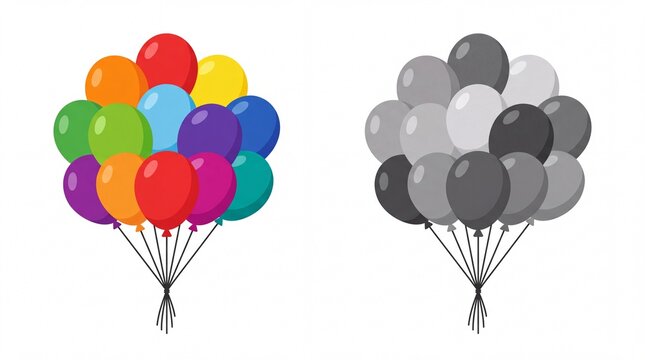 Colorful and monochrome balloons illustrating descriptive adjectives