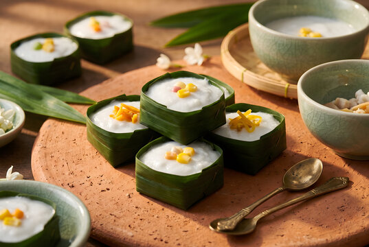 Coconut cream pudding in pandan leaf cups on a terracotta plate with brass spoons in warm light