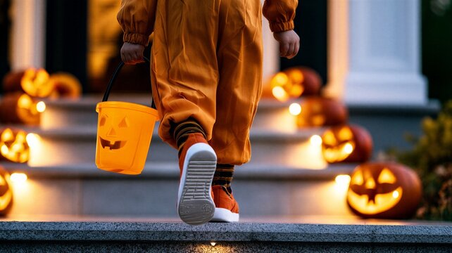 Child in orange costume with pumpkin bucket walking up house steps at Halloween night. Trick or treat on decorated porch with glowing jack o lanterns. Autumn holiday, candy collection