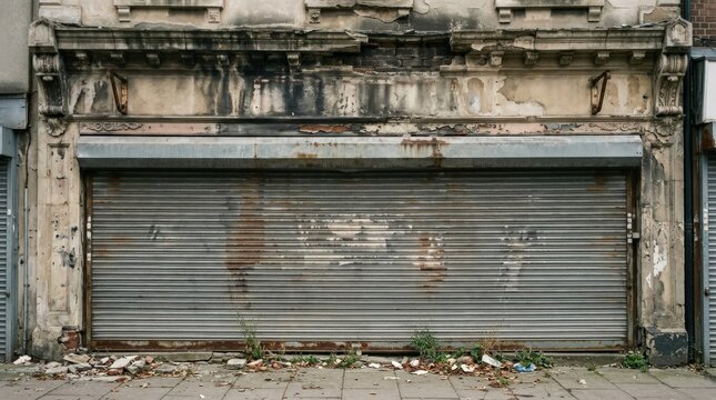 Abandoned urban storefront with an old corrugated metal security shutter beneath a decaying stone facade, atmospheric architectural documentary photography, heavily weathered beige plaster, broken