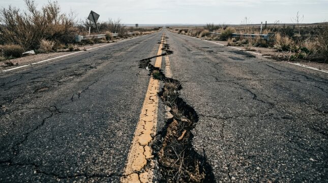 Long abandoned asphalt highway with a deep irregular crack splitting the yellow centerline and extending toward a distant empty horizon, dramatic infrastructure damage photography, ground-level
