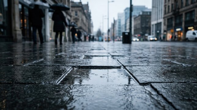 Rain-soaked pedestrian pavement reflecting a gray city street after a shower, atmospheric urban photography, extremely low ground-level perspective across dark rectangular stone paving slabs covered