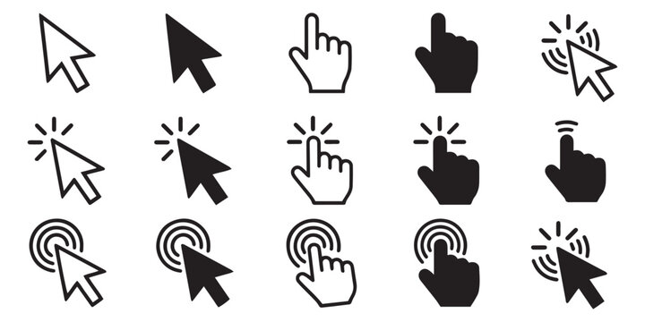 Set of black and white computer mouse cursor and hand pointer click icons