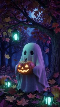 Cute ghost with cool purple and teal lighting in a night forest