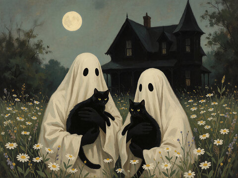 Spooky ghosts and black cats in a vintage autumn night