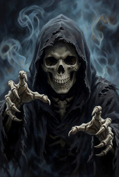 Sinister hooded skeleton reaching out with eerie emotion