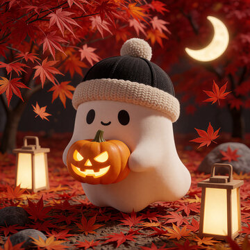 Cute ghost in a Japanese maple autumn forest
