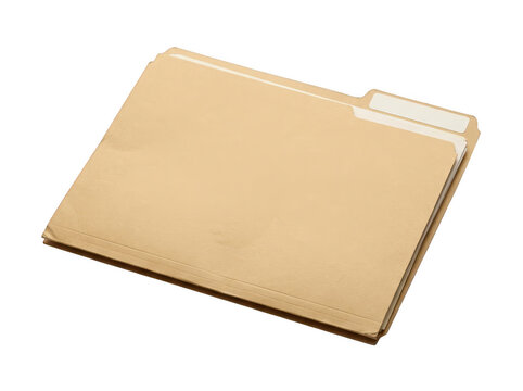Stack of light brown manila file folders with white tabs isolated on transparent background.