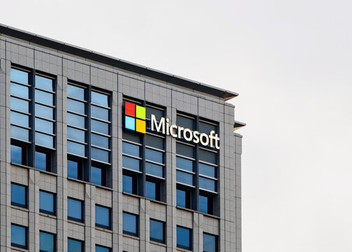 Microsoft logo sign Technology company office building Business concept : Tokyo, Japan - Oct 12, 2026 