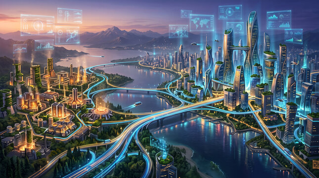 Futuristic smart city landscape with sustainable architecture, neon highways, glowing holographic data displays, and green urban skyline