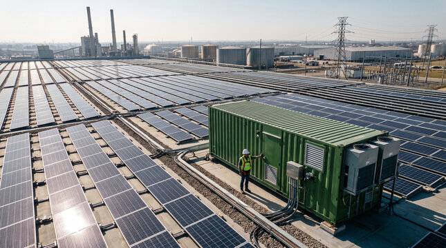 Technician inspecting a largescale industrial solar power plant with battery energy storage system container in a sunny outdoor environment