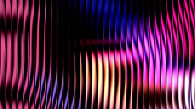 Abstract glowing colorful vertical metal waves shimmering with vibrant pink blue and warm gold light reflections moving smoothly across futuristic metallic surfaces