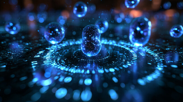 Futuristic Quantum Technology Concept with Glowing Particle and Binary Data