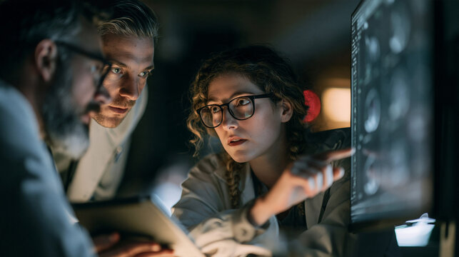 Medical Team of Doctors Analyzing Brain Scans on Monitor