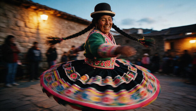 Indigenous Andean Woman Dancing in Traditional Colorful Dress