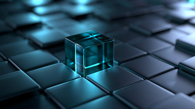 Glowing Glass Cube Standing Out in Abstract Grid