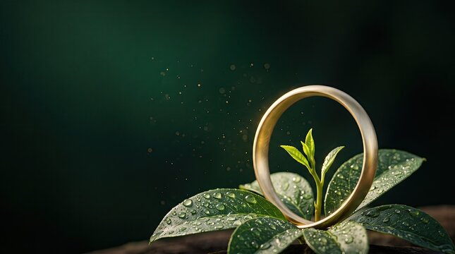 Engagement ring with dew-covered plant sprout emerging through band on dark green leafy background