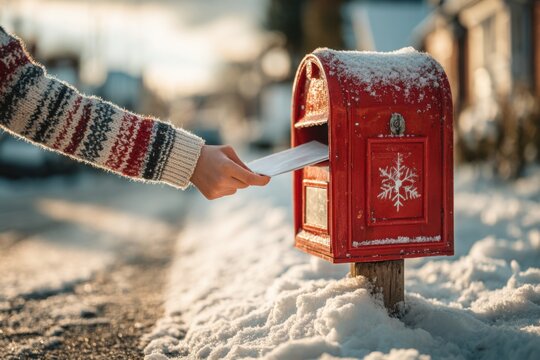A child slips a Christmas wish letter into a bright red North Pole mailbox
