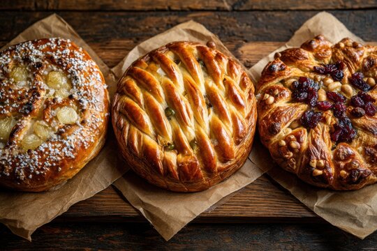 Three traditional Epiphany cakes arranged overhead with festive details and seasonal decorations