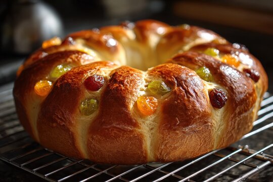 Golden Rosca de Reyes rests on a cooling rack, adorned with jewel-like candied fruit glistening against its freshly baked crust