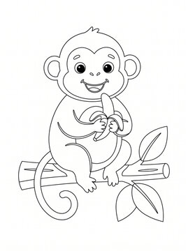 Cute cartoon monkey sitting on a branch eating a banana, black and white line art coloring page for kids