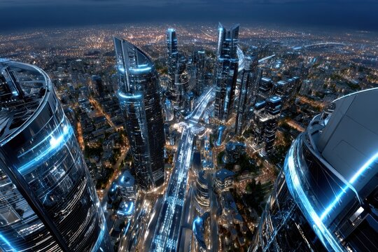 Futuristic Cityscape with Illuminated Skyscrapers at Night