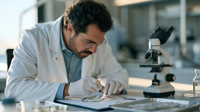 Aquatic veterinary specialist examining fish gill health in a recirculating aquaculture facility, fish disease diagnostics, sustainable aquaculture, aquatic animal health, food