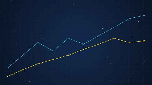 Financial growth line chart animation, blue and yellow data trends on dark grid background, for business analytics, and market performance reports