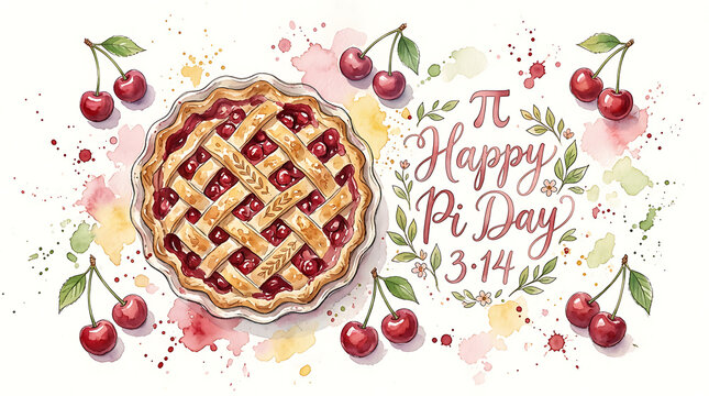 Happy Pi Day 3 14 cherry pie watercolor illustration with cherries and leaves