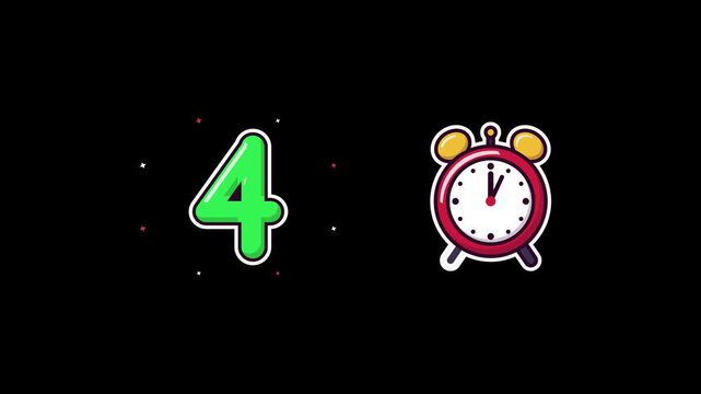 Festive animated cartoon countdown with colorful numbers from nine to zero a cheerful alarm clock and celebratory