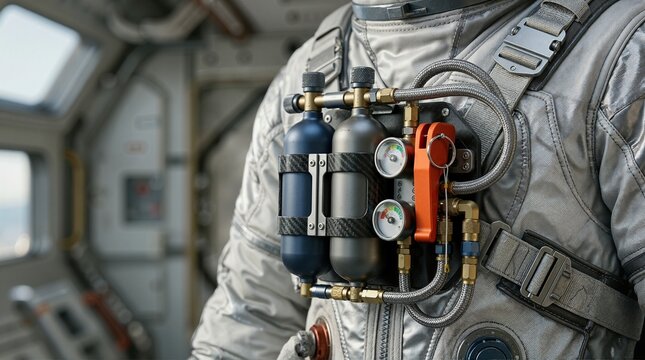 Astronaut chest pack with emergency oxygen cylinders and pressure gauges. Compact life support breathing apparatus on silver space suit