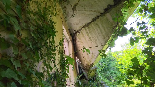 Overgrown abandoned building with crumbling plaster and a damaged canopy, ivy-covered walls being reclaimed by nature in a forgotten, decaying architectural ruin
