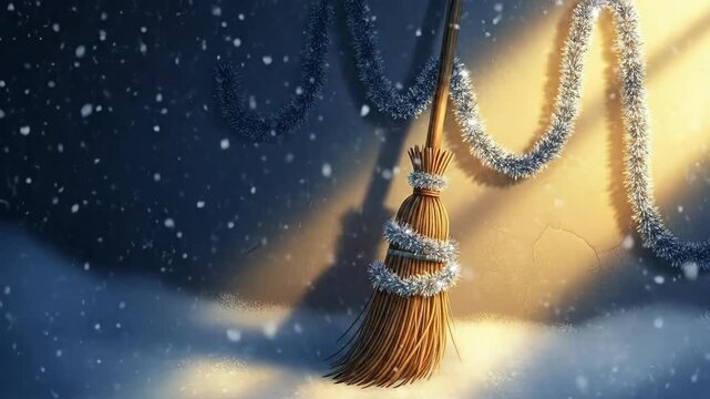 A decorated broom with tinsel for Christmas. Magical winter holiday scene with snowfall and garland for festive decoration.